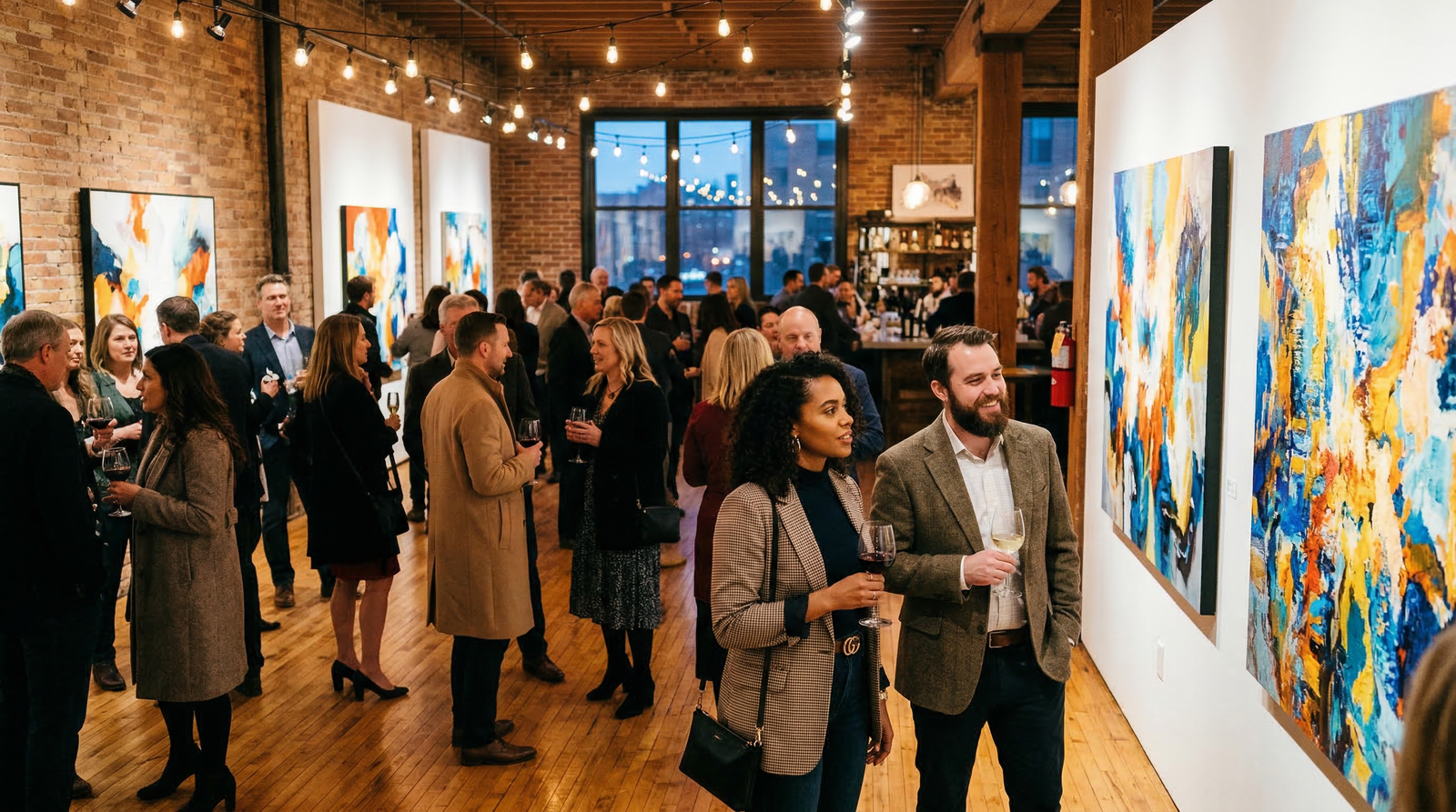 Minneapolis art gallery opening night with artists and collectors viewing paintings