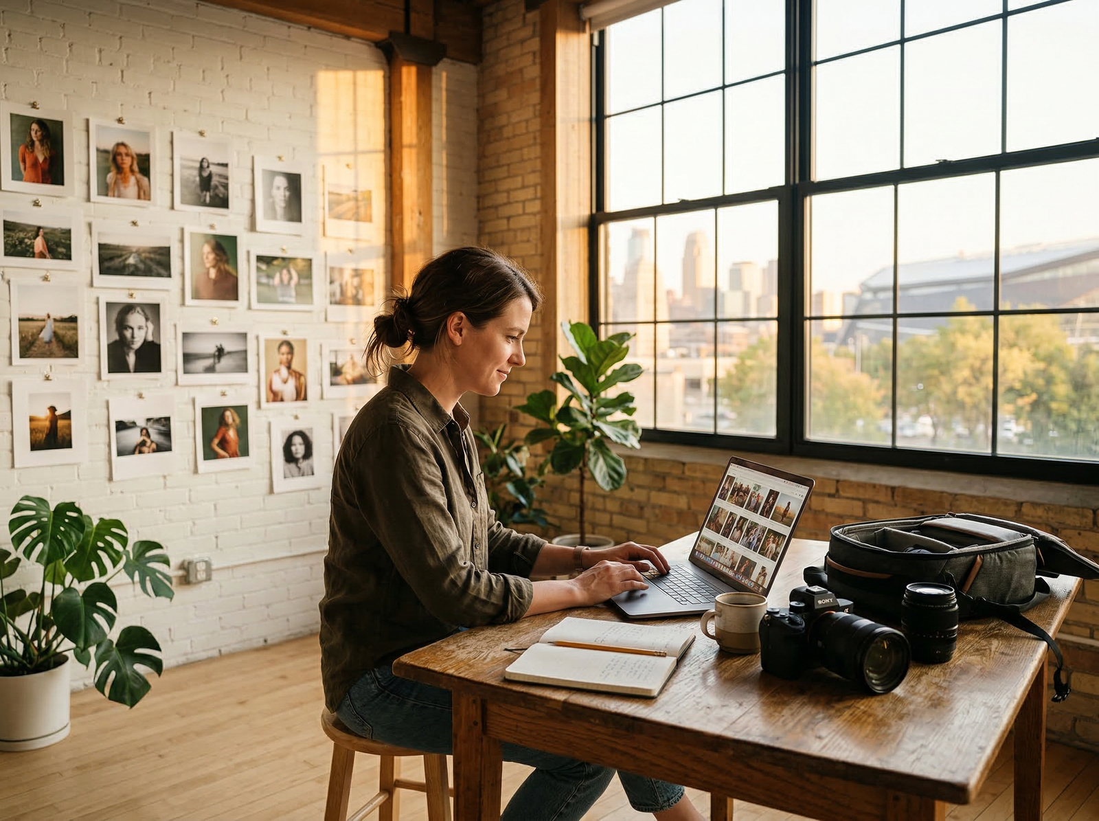 Minneapolis photographer reviewing work in a bright loft studio with the city skyline visible